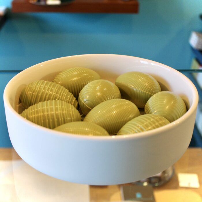 hilde devolder chocolatier ribbed easter eggs white chocolate with matcha