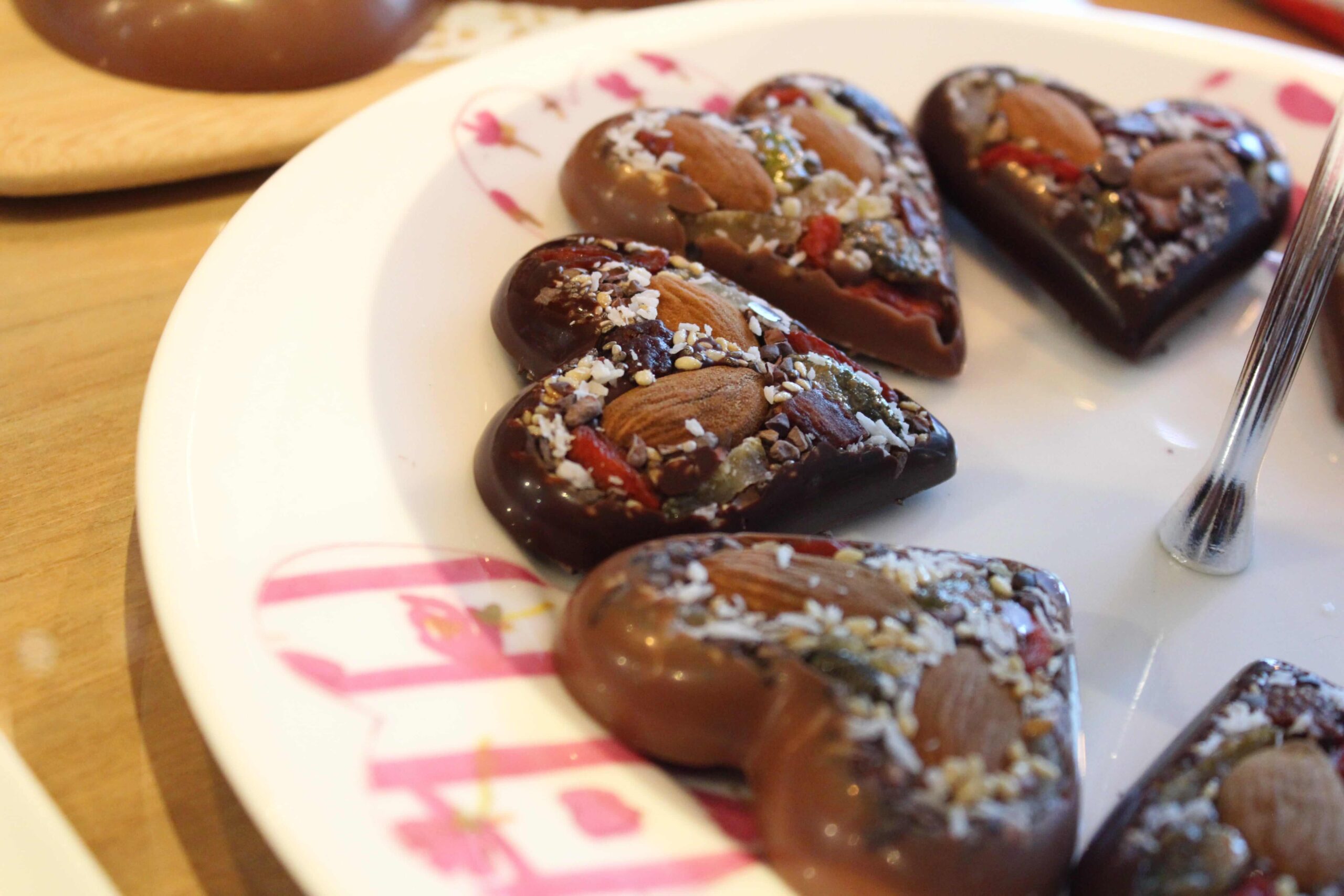hilde devolder chocolatier hearts with dried fruit nut seed organic fairtrade milk and dark chocolate peru 39 and 70